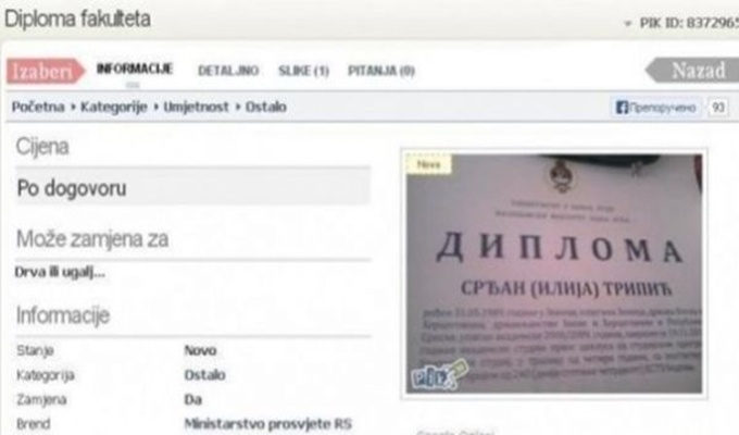 Prodaje fakultetsku diplomu, a može i zamjena za drva!