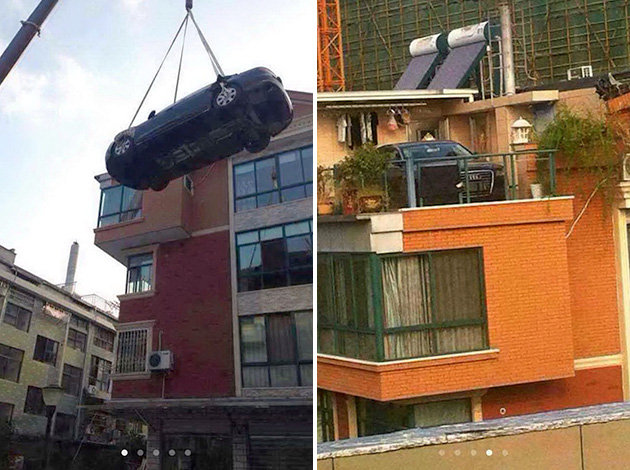 Punica dizalicom digla auto svog zeta na terasu, jer joj duguje pare!