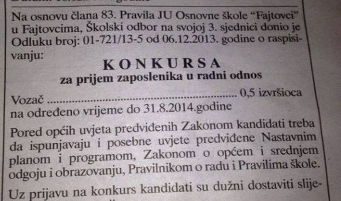Konkurs u Sanskom Mostu: Osnovna škola traži pola vozača