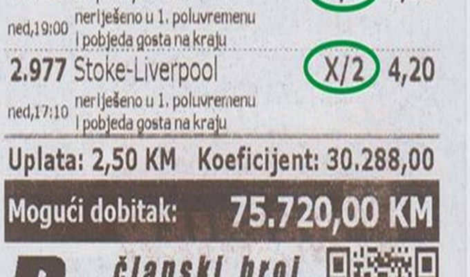 Istočna Ilidža: Kladioničar dobio 75 720 KM, pogledajte dobitni tiket