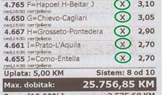 Tuzla: Na kladionici dobio 25 756 KM, pogledajte dobitni tiket
